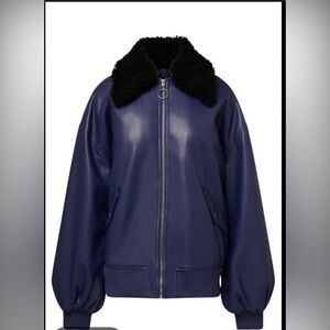 Faux Leather Bomber Jacket with Faux Shearling Collar